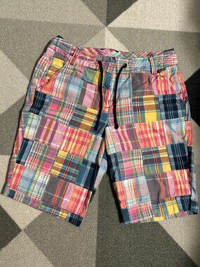 Larry Levine Madras Plaid Patchwork Shorts with Drawstring Women's Size 4